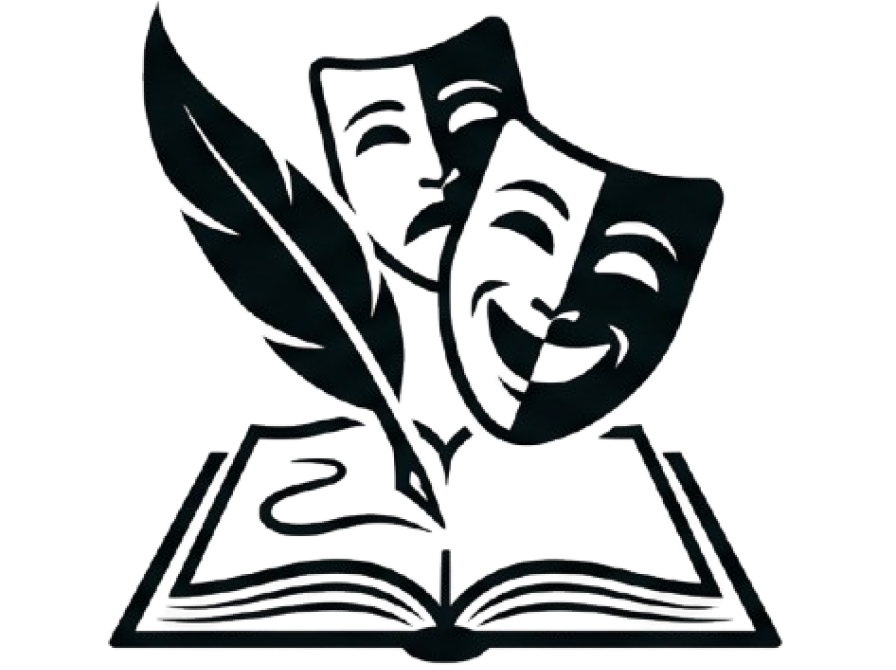 Logo der viser teatermasker over en bog med titlen Dramatisk Oplæsning